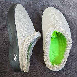 Oefos Mule- Brown And Black Soled, Green Fleece-Lined Slippers